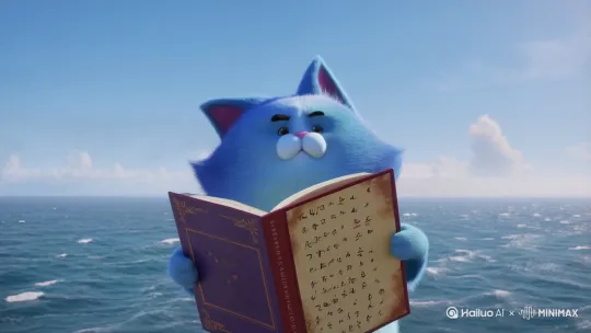 一只蓝色的可爱小猫，抱着数学书跳进大海[推出,上升,下摇] by Hailuo AI Video Generator