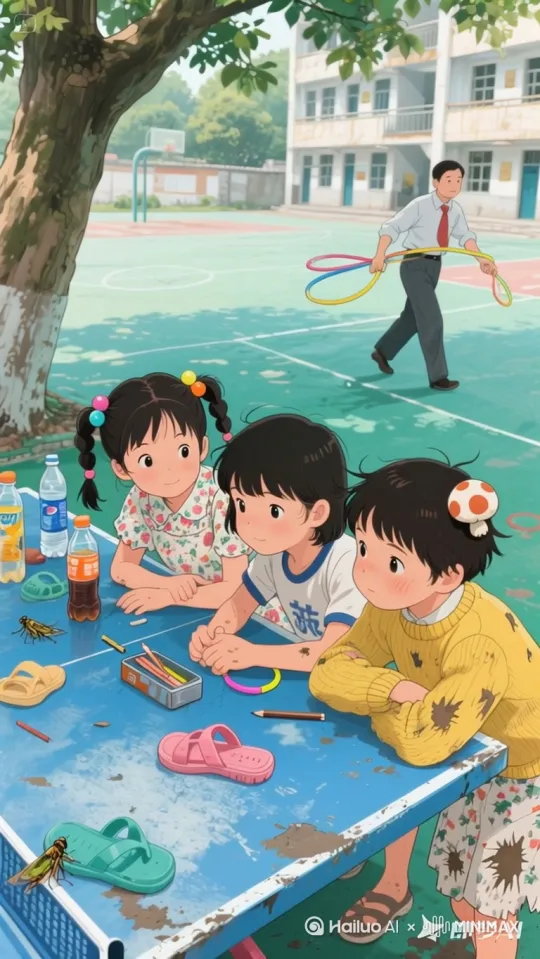 三个女生一起写作业的。作业写完一起到操场上玩耍。配上表情和肢体动作。 by Hailuo AI Video Generator