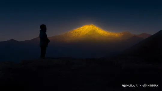 一个人站在一座山看对面的日黑金山 by Hailuo AI Video Generator