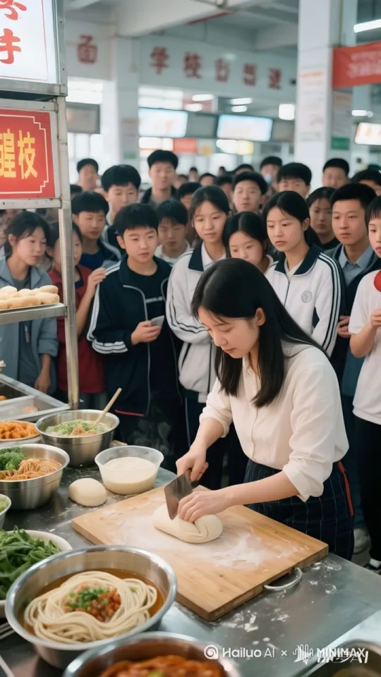 美女原地快速旋转、疯狂旋转，面团瞬间变成一根根五颜六色的彩色拉面围绕着美女，周围围的人都瞪大了眼睛，满脸惊叹，有的张大嘴巴，有的不禁拍手叫好。 by Hailuo AI Video Generator