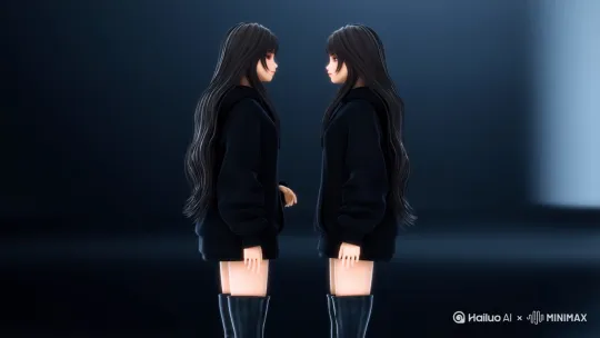 3d動畫風格，兩個穿著黑色衛衣黑色短裙黑色長靴的長髮女生正在接吻 by Hailuo AI Video Generator