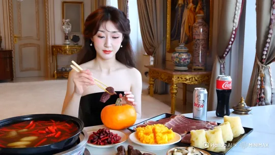 大美女在家吃羊肉火锅，里面有辣椒，红枣，枸杞，旁边有南瓜，金针菇，一盘肥牛，一盘甜不辣，可乐，一盘土豆。家中暖色灯光高级明亮，旁边有工艺品，美食丰富多彩，美味可口，高清8K，环境高级优雅，大气，大豪宅。 by Hailuo AI Video Generator