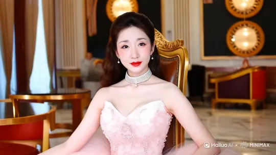 现代绝世美人，御姐气质，高贵，端庄，秀丽，身穿高档礼服，颜色粉和白纱质，环境高端大气上档次，会所大厅，美人坐在大厅的椅子，右手姿势动作唯美，身姿挺拔，头发盘玉颈修长，宛如透明的白玉雕琢而成，散发着柔和的光芒，气质如兰，似有梦幻的气息萦绕，朦胧而优雅，如同从童话中走出的仙子。，大眼睛，双眼皮，长睫毛，红嘴唇，苗条的身材，高贵的礼服，气质优雅端庄秀丽大方自然，带砖石项链，含蓄的微笑，32k超清，半身高清 by Hailuo AI Video Generator