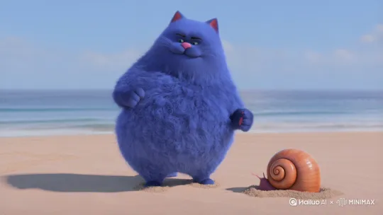 一只蓝色的胖猫在海边踢一个大海螺 by Hailuo AI Video Generator