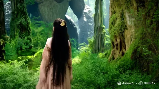 在哀牢山深处，画中女人走在茂密的深林中，突然停止脚步，仰望天空？一头巨大的远古凶兽俯瞰下面的女人，画面惊悚，恐怖， by Hailuo AI Video Generator