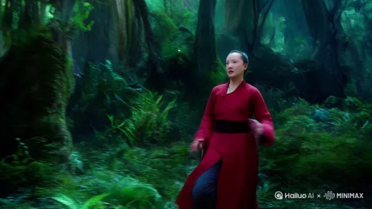在哀牢山深处，画中女人走在茂密的深林中，突然停止脚步，仰望天空？一头巨大的远古凶兽俯瞰下面的女人，画面惊悚，恐怖， by Hailuo AI Video Generator