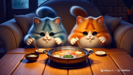 生成一个生成一个胖猫，是蓝色的，哈和一只橘色的胖猫一起围在火锅前夹菜，要动图 by Hailuo AI Video Generator