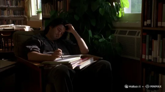 [左移,推进,右摇]他独自一人，陷在图书馆角落那把老旧的扶手椅里，椅背几乎将他半个人淹没。那是一处被高大书柜和茂盛的绿萝盆栽几乎完全遮挡的角落，下午的阳光只能费力地从旁边的高窗斜切进来一道，勉强照亮他面前摊开的几本书和笔记，却在他低垂的侧脸和肩上投下浓重的阴影。

[推进,上升]他的动作有些凝滞，一手无意识地转动着一支墨水快要耗尽的黑色中性笔，指关节因为用力显得有些泛白。他的另一只手则支着额头，手指深深插进浓密的黑发里，像是要把纷乱的思绪按回去，偶尔才在笔记本上潦草地划上一两笔。肩膀微微内扣着，显得有些疲惫或心事重重。

[左摇,变焦推进]他的面部表情是安静的阴郁。 眉头微微蹙着，在鼻梁上方形成浅浅的褶皱，仿佛正被一道解不开的难题困扰，或者沉浸在某段不愉快的思绪里。 嘴唇抿成一条紧实的线，唇色在光线下显得有些淡，嘴角甚至还微微向下抿着，透出一种与周围安静但积极的学习氛围格格不入的忧郁或者疏离。 眼睛低垂着，浓密的睫毛盖住了大部分眼神，让人难以捕捉焦点，只感觉目光似乎长久地停留在摊开的某页书或者自己的笔记本上，却许久不曾移动。 眼底隐约可见一点淡淡的青黑，暗示着熬夜的痕迹或持续的疲惫。

[右移,跟随]偶尔，他会抬眼瞥一下对面空着的座位，或者茫然地望向窗台上被阳光照亮的细小的尘埃飞舞，眼神很快又恢复那种涣散而专注交织的迷蒙状态。寂静包围着他，只有远处翻动书页的沙沙声和空调低沉的嗡鸣，将他与图书馆其他角落勤奋或专注的身影无声地隔绝开来。 by Hailuo AI Video Generator