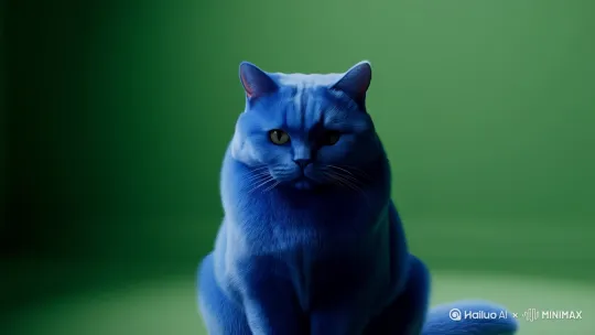 一只蓝色的肥猫在绿幕前[推出,上升,下摇] by Hailuo AI Video Generator