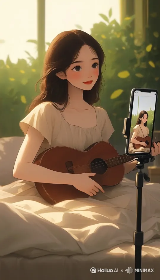 [固定]女孩弹尤克里里，头发不要乱飘动 by Hailuo AI Video Generator