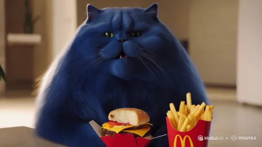 一只一只蓝色很胖的猫咪吃麦当劳 by Hailuo AI Video Generator