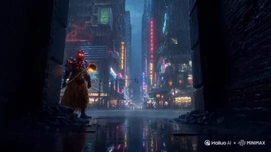 孙悟空从暗巷走出，金箍棒扛在肩上，背景是雨夜的赛博街道。"Cyberpunk Sun Wukong, wearing a高科技虎皮裙, glowing golden staff, mechanical armor细节, 火眼金睛散发红光, 赛博朋克风格, 霓虹灯光" by Hailuo AI Video Generator