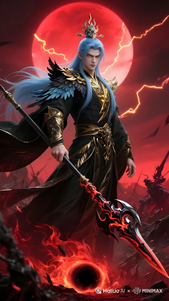 镜头拉远展现他手持火焰长方天画戟，缓步前行的全身远景，红色闪电划破天际，男子舞动武器原地施展一套耍花枪，枪法，武器在男子手掌旋转几周 带出火焰轨迹，镜头拉远，人物背后显现出 超巨大的金色法相虚影，法相面貌与人物相似，霸气磅礴，压迫感十足，高清8K。 by Hailuo AI Video Generator