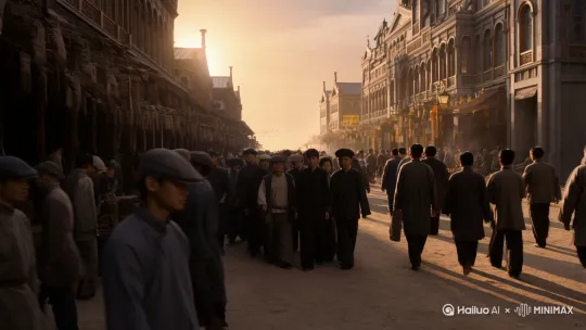 100年前的黑龙江瑷珲万国商埠街道，夕阳下，洋楼林立街道上客商往来，[推进,上升]的热闹非凡 by Hailuo AI Video Generator