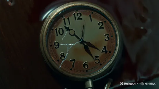 核心悬念: 主角发现所有钟表停在同一时间,而镜中倒影比现实慢10秒
(3秒)特写: 雨滴在生锈的怀表表面炸裂(道具设计:表盘刻度3:47,裂纹贯穿数字"7")
→ 美术重点:铜绿怀表置于潮湿的木板,雨痕模拟血渍形态
(2秒)中景: 女人苍白的指尖划过表盘(造型设计:指甲残缺染暗红,袖口蕾丝撕裂) by Hailuo AI Video Generator