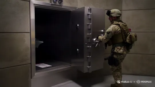 帮我生成一个特种兵保险箱，从保险箱里面出来一个小型航空母舰手上，拿着蓝色电锯，从保险里面出来，特种兵转身逃跑的视频 by Hailuo AI Video Generator