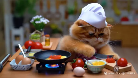 请帮我生成一个可爱的猫猫大厨做西红柿炒鸡蛋全过程的影片，写实风格，注意其中真实声音的模型，形成ASMR音效 by Hailuo AI Video Generator