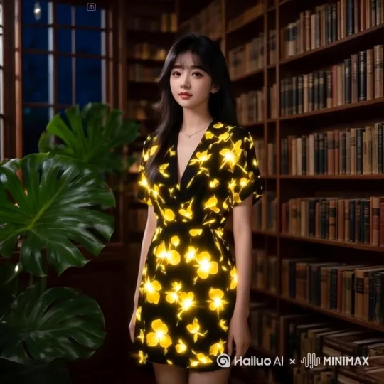 [固定镜头]人物慢慢向前走，衣服上的图案发出忽明忽暗的暖黄光。 by Hailuo AI Video Generator
