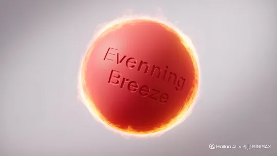 一个球体，旋转，背景灰白色，球体中间刻印晚风两个字体，球体边缘火焰燃烧，球体淡红色 by Hailuo AI Video Generator