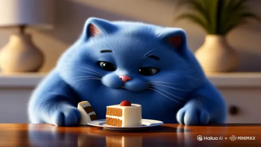 画一只蓝色的月半猫。 正在吃蛋糕。 by Hailuo AI Video Generator