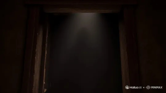 主观镜头： 推开木门时粉尘簌簌坠落（特效设计：粉尘在光束中组成人形轮廓） by Hailuo AI Video Generator