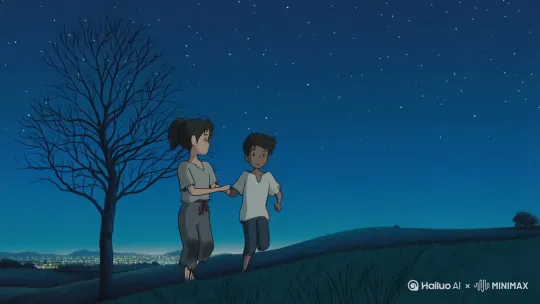 夜晚，漫天星光，繁星密密麻麻得如万家灯火，繁星下，一个古朴村子的村口，风摇动着一颗高大的，没有叶子的老槐树，拂着地埂上的狗尾巴草，使之来回摆动。除了风声和小男孩与母亲的说话声，还有青蛙的鸣声，不知名虫的叫声，然而使环境更显清幽。月光如水，夜色从未如此干净。
小男孩只有七八岁的样子，长得非常清秀，穿着小小的老布鞋和虽然很旧却很干净的粗麻布衫。
她的母亲看着他，眼里满是慈爱，这个女人三十岁左右，穿得非常朴实，粗麻布衫，头发扎成松马尾，白天干农活时的泥土还在裤角上。
小男孩活泼异常，本来是被母亲牵着的，可是他挣脱了母亲的束缚，虽然土埂很高，可他揪着土埂上的狗尾巴草利落地爬上了土埂，母亲不紧不慢的跟了过去。
这时，小男孩向母亲指着远处大城市的灯光，大声的说着什么，然后向远处那大城市张开了瘦小的双臂，似要拥抱整个世界。
小男孩张着双臂，从土埂上跳了下来。
然后他飞了起来！
她的母亲捂着嘴立马加快了脚步。
可是小男孩朝着大城市越飞越高，越飞越远。
她的母亲最终追不上，只能瘫坐在地上，痴痴的看着孩子消逝的方向。
要求宫崎骏风格，月光下近景温馨宁静，与远处朦胧冰冷的灯光形成对比，衬托孩子早晚要远行，母子间早晚会离别的核心情感。 by Hailuo AI Video Generator