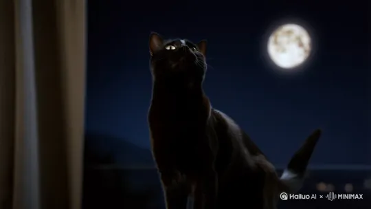 画一只黑色的猫，黑夜里，站在阳台看着月亮，它的主人过来把它抱起来 by Hailuo AI Video Generator