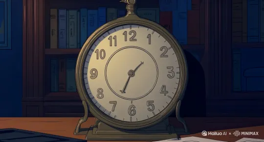 镜头运动：沿直线向前推进+The camera follows the clock while performing a slow 360-degree axial roll.
画面：始终保证钟表在画面中心，钟表上的指针以顺时针方向转动。 by Hailuo AI Video Generator