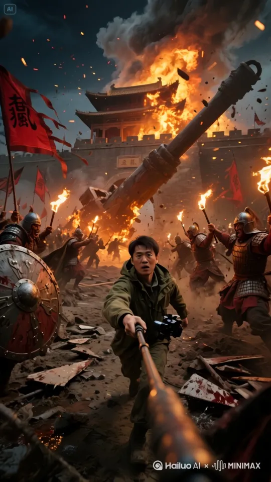 男子拿着自拍杆，第一视角，画面摇晃。男子表情慌张。士兵们互相战斗，烈火浓烟，乱箭横飞。火光映红夜空，超写实风格，历史与科幻融合，电影级光影，电影质感 by Hailuo AI Video Generator