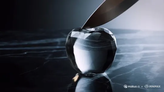 水晶苹果，用刀切开成两瓣 by Hailuo AI Video Generator