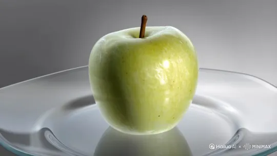 生成一张在 3D 渲染风格下，超清画质中展现出一颗由果冻材质构成的苹果，并让它放在一个玻璃盘子里，占据了同面一角，背景清透，三点式摄影布光，漂亮的高光，极致构图，特写，微距摄影，强化细节表现，半透明极简主义 by Hailuo AI Video Generator