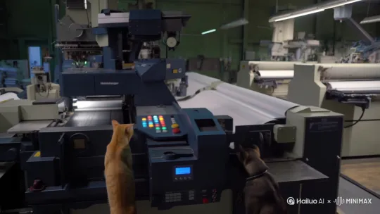 猫咪和狗狗在印刷厂车间操作海德堡8色印刷机 by Hailuo AI Video Generator