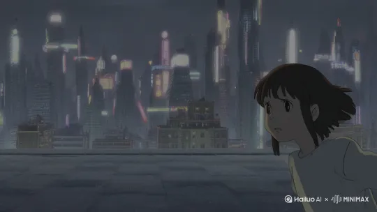 今敏风格电影，女孩在高楼林立的城市里跳跃奔跑，表情坚定勇毅。天空下着细雨，未来感，复古感的霓虹灯牌。 by Hailuo AI Video Generator