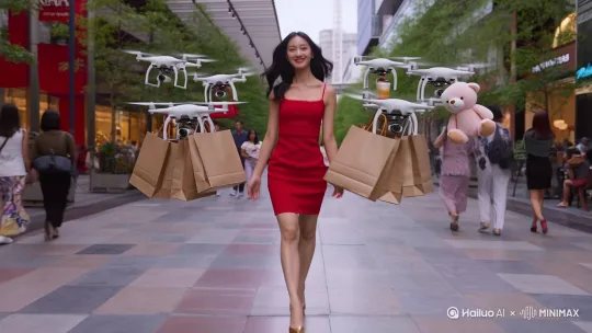 一个美女，长得像孟子义，头发是黑色的大波浪，穿着连衣小红裙，裙子肩膀处是吊带的，金色的细高跟鞋，她在一条商场林立的步行街上，从远处走来。她扭动着腰肢，脸上带着笑容。在她的身后，上下翻飞着5架白色的无人机，每架无人机大约30厘米长，5架都是同一款式。有两架无人机各自分别挂着3个大购物袋，购物袋是纸质的；有一架无人机挂着一瓶喝了一半的果茶饮料，插着吸管的那种饮料杯；有一架无人机挂着一个红色的精致的小皮包；还有一架无人机挂着一个大的新买的毛绒玩具。这个美女双手空空，随着身体摇晃而自然摆动，脸上的表情是轻松惬意。 by Hailuo AI Video Generator