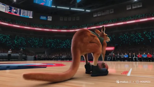 **袋鼠在专注的投篮**  

这段电影化的 **动态跟踪长镜头** 设定在 **NBA级别的专业篮球场馆** 内。该场地具有 **反光如镜的枫木球场、穹顶悬挂的巨型4K记分屏，以及看台涌动的荧光棒海洋**。空气中弥漫着 **篮球撞击地板的闷响、观众席“防守！进攻！”的整齐呐喊，还有袋鼠鼻腔里短促而有力的喘息**。这只 **澳洲红袋鼠** 穿着 **深绿色08号球衣（胸前绣着跳跃的篮球图案）和高帮透气运动鞋**，脸上露出 **瞳孔紧锁篮筐的极致专注** 表情。镜头捕捉到它 **以强健后腿蹬地跃起，身体在空中划出流畅弧线，前爪托举篮球精准推向篮筐** 的瞬间，展现出其 **爆发力与肢体协调性的完美结合**。**追光灯从四面骤然汇聚**，突出了 **它小腿肌肉贲张的血管、前爪指尖划过篮球的纹理，以及耳廓因专注而微微颤动的细节**。 by Hailuo AI Video Generator