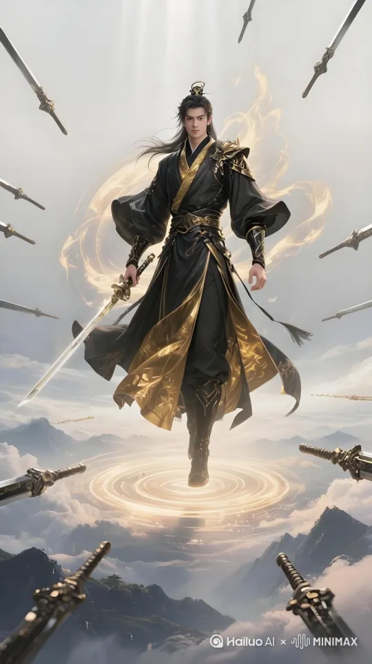 图中的云层快速翻涌，旁边的飞剑向四周飞去，男子缓步前行，手中的剑带有电流环绕，有着睥睨天下之势，服饰和头发随风飘动，背景天空有闪电掠过 by Hailuo AI Video Generator