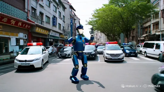 北京,老城区,一个由两条小胡同交叉形成的十字路口,交通繁忙,一个人形机器人交通警察正在站在十字路口的中央,挥舞着手臂,指挥交通。这个机器人警察没有穿衣服,而是它表面的涂装直接涂成了警服的样子。过了一会,一辆面包车突然停在十字路口,阻塞了交通。机器人交警走上前去,用双手把这辆面包车举起来,抬着它走到人行道上,又把面包车安全的放下。于是,十字路口的交通恢复畅通无阻了。机器人交警又回到十字路口中央指挥交通。 by Hailuo AI Video Generator