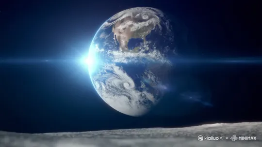 地球从太阳背光面缓缓浮现，镜头从月球表面开始后退，逐渐展现地球全貌。 by Hailuo AI Video Generator