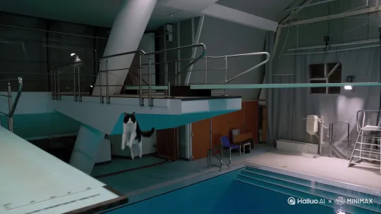 [Pull-back shot] Olympic 10m diving pool, spotlight focuses on platform top. A tuxedo-patterned cat (detailed fur texture) strides calmly to board edge, pauses then leaps [Push-in to aerial close-up]. Executing triple backward somersault with stable axis rotation [Tracking shot along spin trajectory], enters water vertically [Overhead slow-motion 0.5x]. Minimal splash upon entry, crystal-clear pool reveals azure blue tiles [Turquoise palette + water refraction glimmers]. Audience erupts in applause [Ambient sound effect]. --motion_intensity=0.9 by Hailuo AI Video Generator