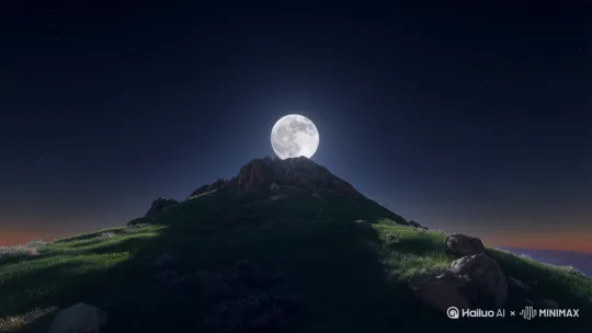 华山山顶。夜晚圆月当空。繁星点点。四周四季如春。 by Hailuo AI Video Generator