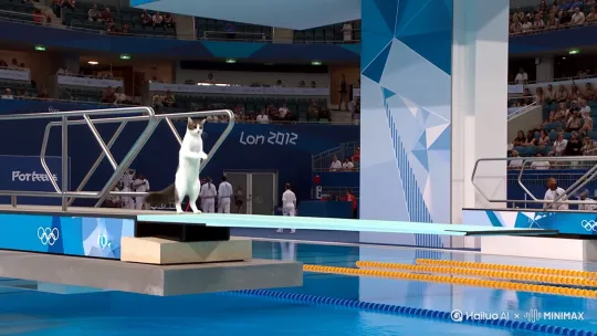 televised foodtage of cat is doing an acrobatic dive into a swimming pool at the Olympics,from a 10m gigh diving board,flips and spins. by Hailuo AI Video Generator