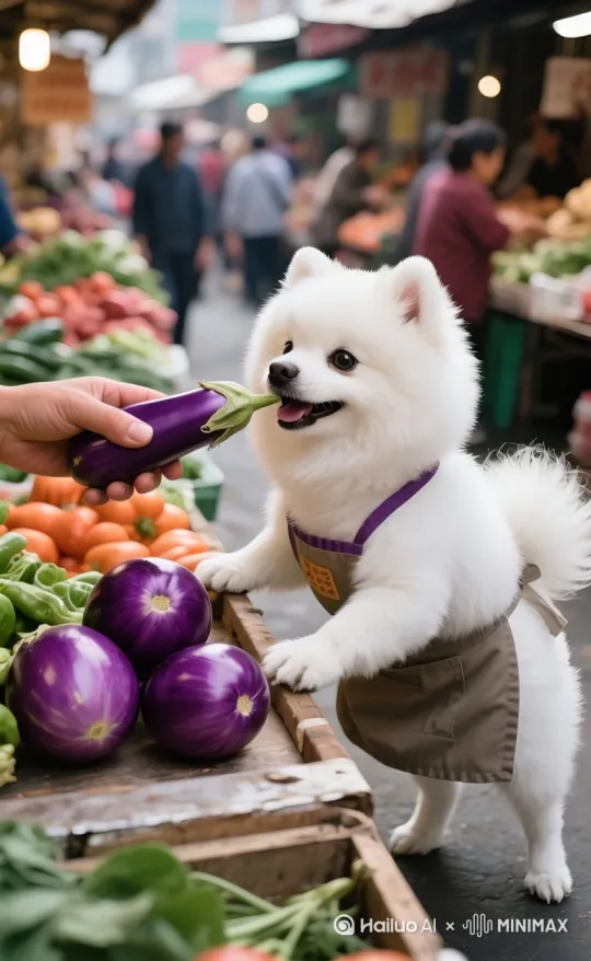 动作提示：穿戴迷你围裙的博美犬用前爪扒着菜市场摊位，鼻尖轻嗅紫色茄子，尾巴摇晃着与摊主（拟人化手部）互动，爪心捧着圆茄子，背景为热闹菜市摊位与悬挂的蔬菜标牌，画面色调暖橙，突出宠物拟人化的生动感。 by Hailuo AI Video Generator