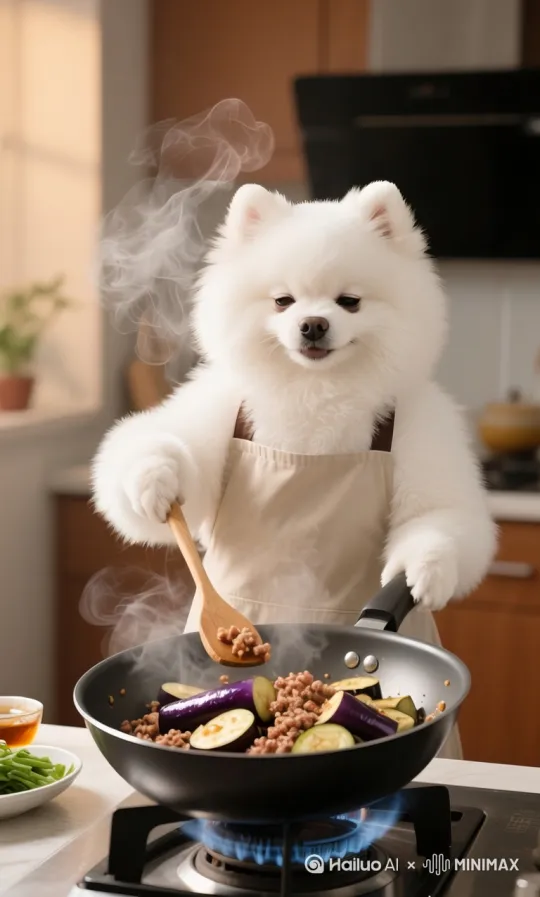 动作提示：博美站立灶台前，用卡通锅铲翻炒茄子与肉末，油烟升腾时眯眼后躲，锅中食材滋滋作响，调料瓶倾斜洒落酱汁，背景为亮黄色厨房灯光与抽油烟机，强调翻炒动作的连贯性与香气氛围感。 by Hailuo AI Video Generator