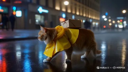 大橘猫冒雨去送外卖 by Hailuo AI Video Generator