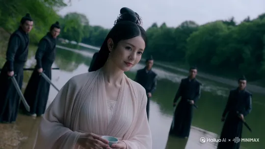 一个古风美女在河边喝水，周围全是敌人[右移,左摇,跟随] by Hailuo AI Video Generator