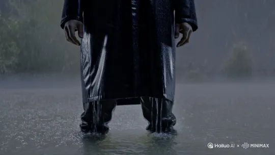[推出,上升,下摇]一个男人在风雨中身穿一个黑色的雨衣脚下的水淹没了他的鞋子 by Hailuo AI Video Generator