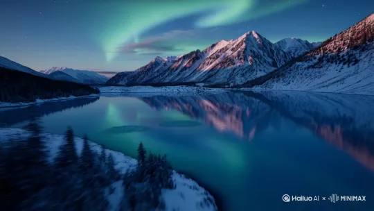Hyper-realistic 8K cinematic aerial landscape, split diopter composition. 0-2s: Establishing shot of snow-capped Canadian Rockies reflected in glassy turquoise lake under swirling aurora borealis (50mm lens, f/2.8), twilight blue hour transitioning to emerald green. 2-4s: Rapid focus shift to macro water surface, capturing rippling light reflections with chromatic aberration effects, ice crystals forming fractal patterns. 4-6s: Dynamic camera movement - 50ft vertical reveal with volumetric lighting, aurora transforming into magenta/purple gradients, star particles emerging in bokeh layers. Dramatic chiaroscuro lighting, hyper-detailed 4:2:2 color grading, depth of field transition from 24ft to 120ft. Shot on RED Monstro 8K with Atlas anamorphic lens by Hailuo AI Video Generator