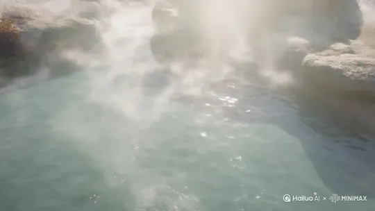 分镜 1
时间 0-5"
景别/镜头运动:大远景→中景(无人机俯冲推进)
画面提示: 翡翠温泉蒸汽弥漫,樱花瓣落水慢镜
摄影:Tiffen Black Pro-Mist 1/8滤镜
特效:蒸汽粒子模拟RealFlow 白噪音(200Hz)
音效设计:风铃泛音(12kHz)
花瓣落水声(顶部声道) 24fps RED KOMODO 6K by Hailuo AI Video Generator