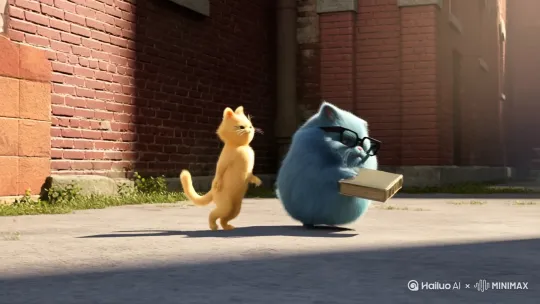 一只蓝色的猫，戴着眼镜，手里拿着一本书，他把书扔向了另一只黄色的猫，结果另一只黄色的猫，直接背书砸下去了[右移,左摇,跟随]蓝色的猫，赶紧向下望去，发现蜘蛛侠把黄色的猫救上来了，蓝猫非常高兴 by Hailuo AI Video Generator