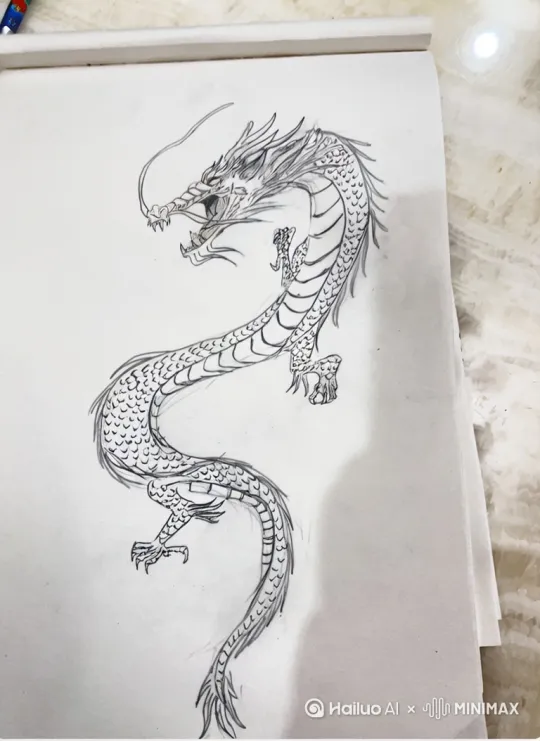 手绘的线条龙，首先眼珠发出光芒，转动起来，然后从头到尾慢慢的变成彩色，变成彩色后腾飞起来，[跟随]一阵翻腾和飞翔，对着镜头，张牙舞爪，张开大嘴，喷出一阵火焰和烟雾，一声长啸后，[晃动]转身回到纸上，安然如最初的画[跟随] by Hailuo AI Video Generator